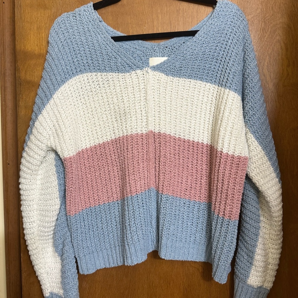 Colorblock Knit Sweater - Blue, White, and Pink